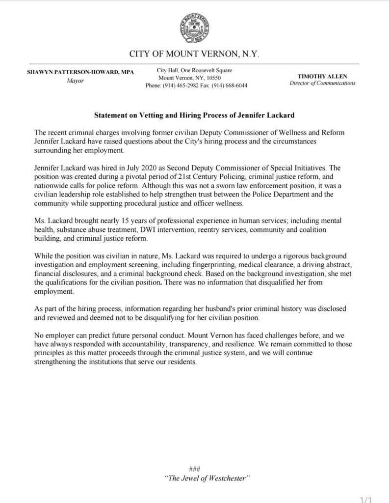 City of Mount Vernon Defends Vetting Process Used to Hire Former Deputy Commissioner Jennifer Lackard 5