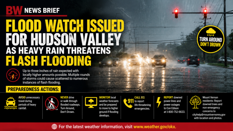 BW NEWS BRIEF: Flood Watch Issued for Hudson Valley as Heavy Rain Threatens Flash Flooding